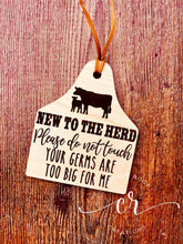 Load image into Gallery viewer, Cow Eartag Do Not Touch Car seat Tag - Your Germs Are Too Big For Me Stroller Tag