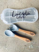 Load image into Gallery viewer, Personalized Silicone Utensil Set / Baby- Kid Utensil Set / Engraved Utensil Set