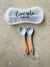 Load image into Gallery viewer, Personalized Silicone Utensil Set / Baby- Kid Utensil Set / Engraved Utensil Set