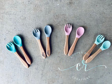 Load image into Gallery viewer, Personalized Silicone Utensil Set / Baby- Kid Utensil Set / Engraved Utensil Set