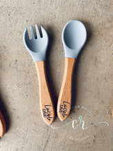 Load image into Gallery viewer, Personalized Silicone Utensil Set / Baby- Kid Utensil Set / Engraved Utensil Set
