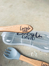 Load image into Gallery viewer, Personalized Silicone Utensil Set / Baby- Kid Utensil Set / Engraved Utensil Set