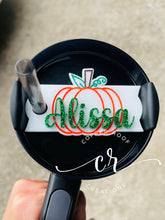 Load image into Gallery viewer, Custom Pumpkin Stanley Cup Topper / Custom Stanley Name Tag / Fall Stanley cup Name tag / Stanley 2.0