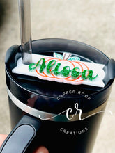 Load image into Gallery viewer, Custom Pumpkin Stanley Cup Topper / Custom Stanley Name Tag / Fall Stanley cup Name tag / Stanley 2.0