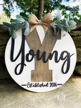 Load image into Gallery viewer, Custom Monogram Last Name Laser Cut Distressed Wood Door Hanger Farmhouse style Established Sign