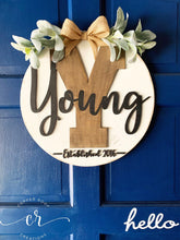Load image into Gallery viewer, Custom Monogram Last Name Laser Cut Distressed Wood Door Hanger Farmhouse style Established Sign