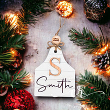 Load image into Gallery viewer, Custom Cow Tag Ornament Family Name Ornament Western Ornament Shiplap Ornament
