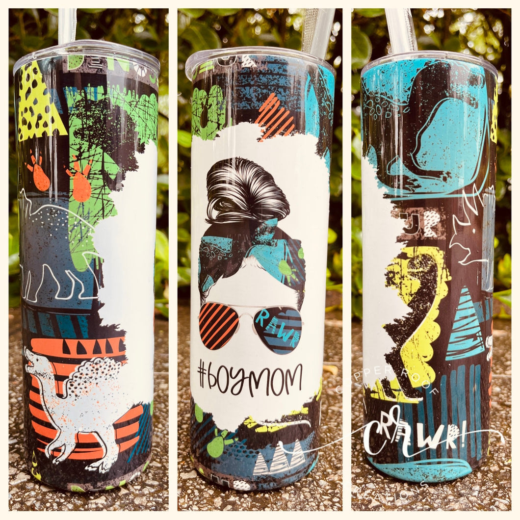Boy mom dinosaur 20oz steel tumbler messy bun tumbler