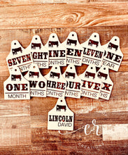 Load image into Gallery viewer, Custom Engraved Baby Milestone Tags Cow Eartag Milestones Baby Milestone Props
