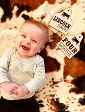 Load image into Gallery viewer, Custom Engraved Baby Milestone Tags Cow Eartag Milestones Baby Milestone Props
