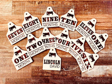 Load image into Gallery viewer, Custom Engraved Baby Milestone Tags Cow Eartag Milestones Baby Milestone Props
