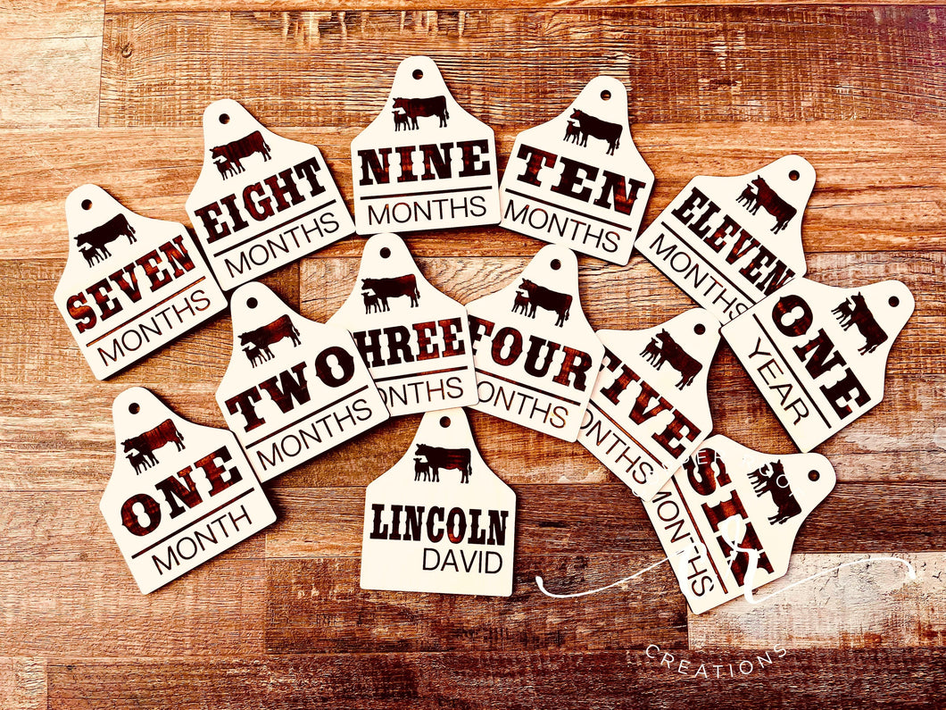 Custom Engraved Baby Milestone Tags Cow Eartag Milestones Baby Milestone Props
