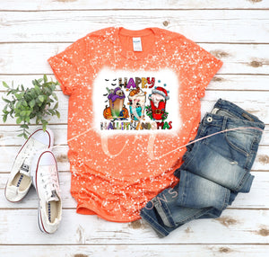 Happy Hallothanksmas coffee Tee / Halloween shirt / sublimated Halloween shirt / bleached sublimation shirt