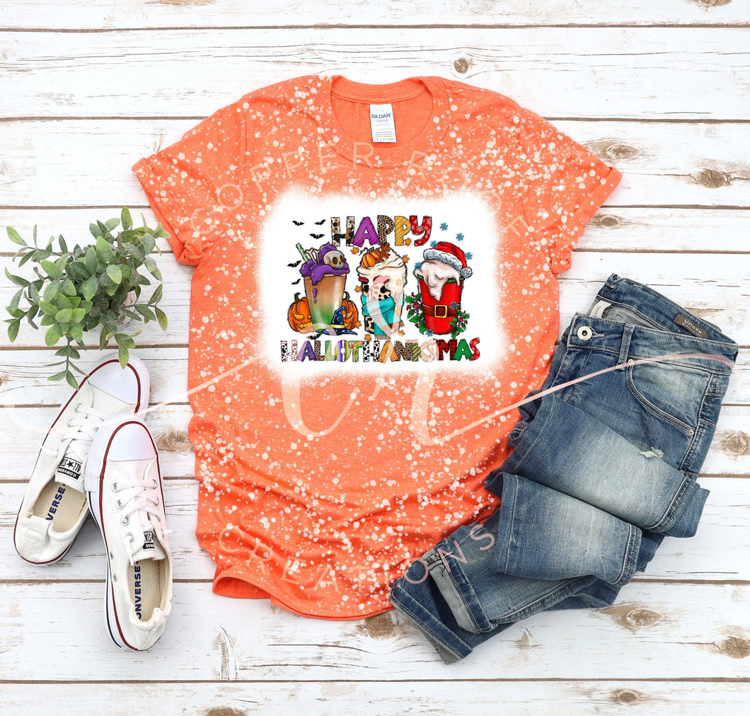 Happy Hallothanksmas coffee Tee / Halloween shirt / sublimated Halloween shirt / bleached sublimation shirt