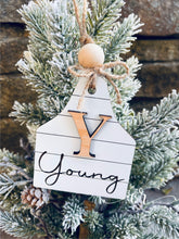 Load image into Gallery viewer, Custom Cow Tag Ornament Family Name Ornament Western Ornament Shiplap Ornament
