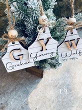 Load image into Gallery viewer, Custom Cow Tag Ornament Family Name Ornament Western Ornament Shiplap Ornament
