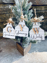 Load image into Gallery viewer, Custom Cow Tag Ornament Family Name Ornament Western Ornament Shiplap Ornament
