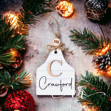 Load image into Gallery viewer, Custom Cow Tag Ornament Family Name Ornament Western Ornament Shiplap Ornament
