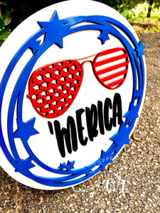 Fourth of July ‘MERICA with Sunglasses Laser Cut Wood Front Door Sign 4th of July Decor