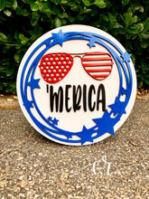 Load image into Gallery viewer, Fourth of July ‘MERICA with Sunglasses Laser Cut Wood Front Door Sign 4th of July Decor
