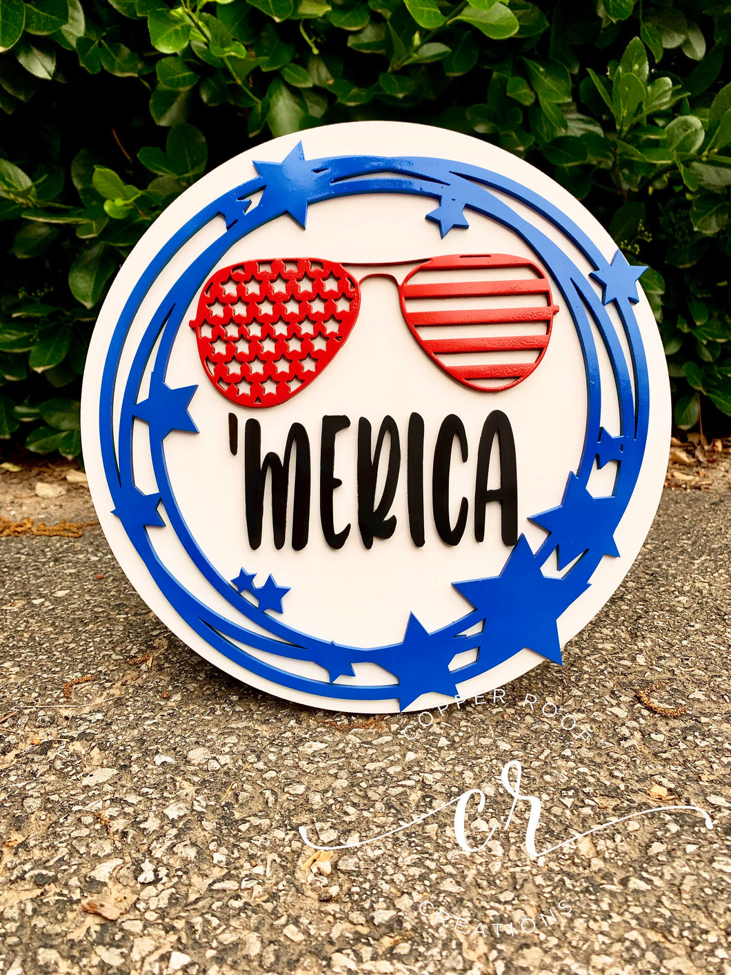 Fourth of July ‘MERICA with Sunglasses Laser Cut Wood Front Door Sign 4th of July Decor