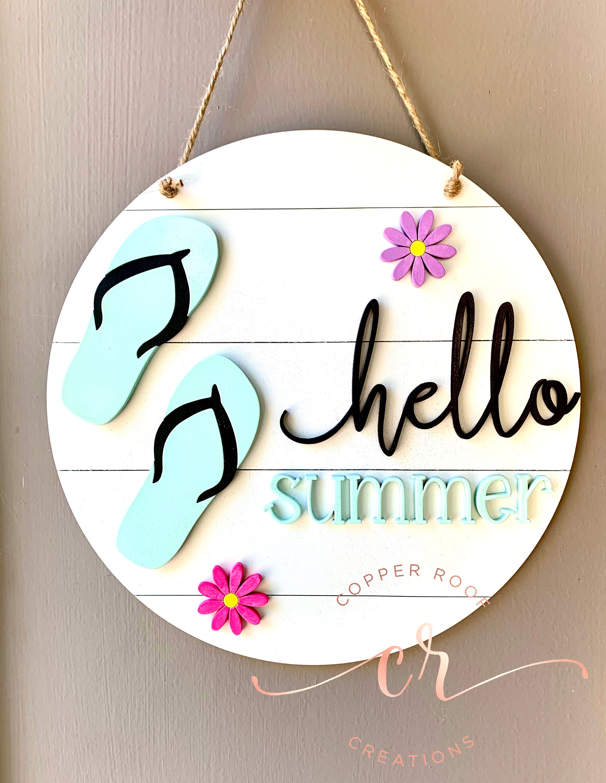 Hello Summer flip flop laser cut shiplap hanging sign farmhouse